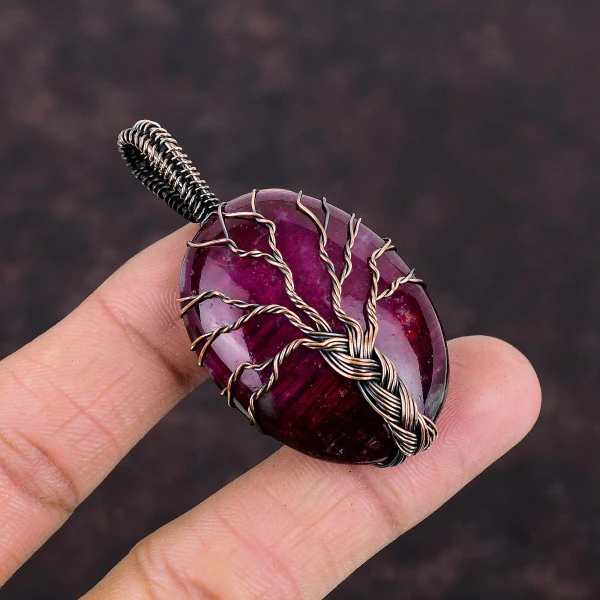 Tree Of Life Red Fire Labradorite Pendant Copper Wire Wrapped Gemstone Jewelry