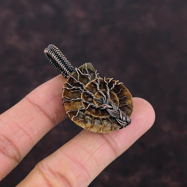 Tree Of Life Ammonite Fossil Gemstone Pendant Handmade Copper Wire Wrap Jewelry