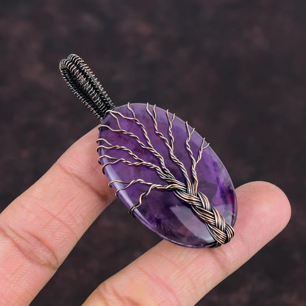 Tree Of Life Star Amethyst Gemstone Pendant Handmade Copper Wire Wrapped Jewelry