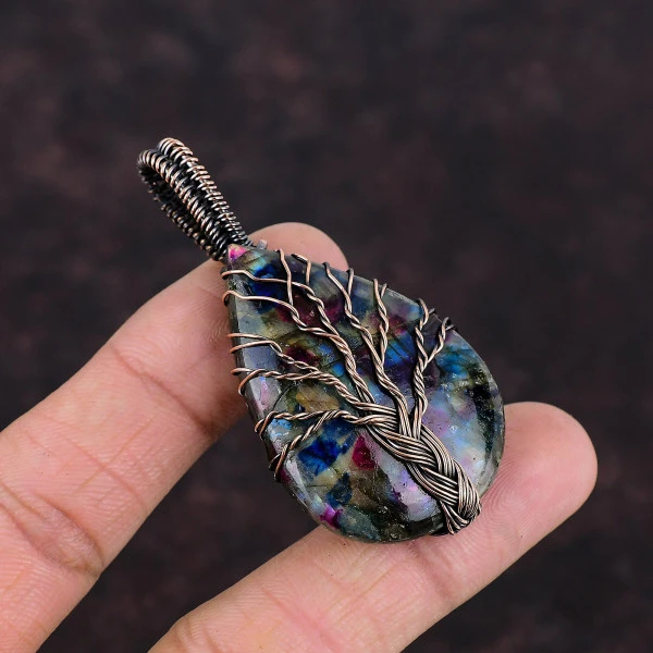 Tree Of Life Multi Fire Labradorite Gemstone Pendant Copper Wire Wrapped Jewelry