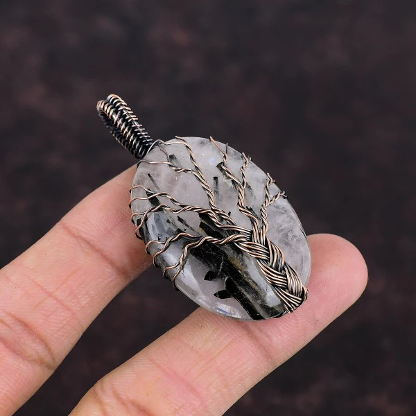 Tree Of Life Black Rutile Pendant Gemstone Pendant Copper Wire Wrapped Jewelry