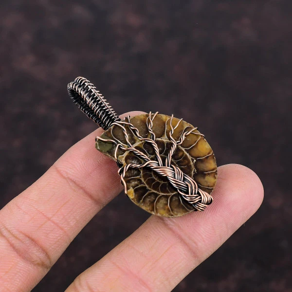 Tree Of Life Ammonite Fossil Pendant Copper Wire Wrap Jewelry Gemstone Pendant
