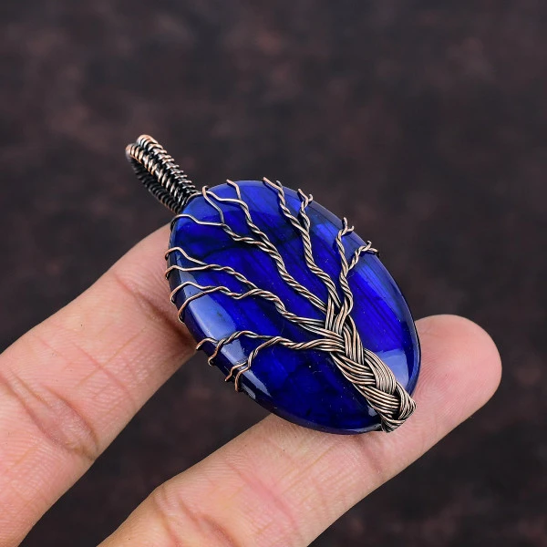 Tree Of Life Blue Fire Labradorite Copper Pendant Wire Wrapped Gemstone Pendant