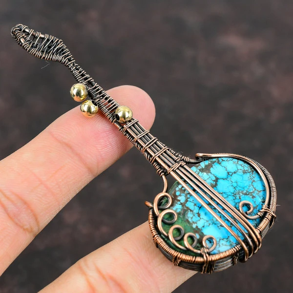 Tibetan Turquoise Oval Blue Handmade Copper Wire Wrapped Pendant