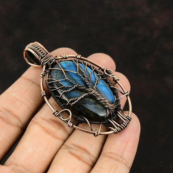 Labradorite Oval Blue Handmade Copper Wire Wrapped Pendant