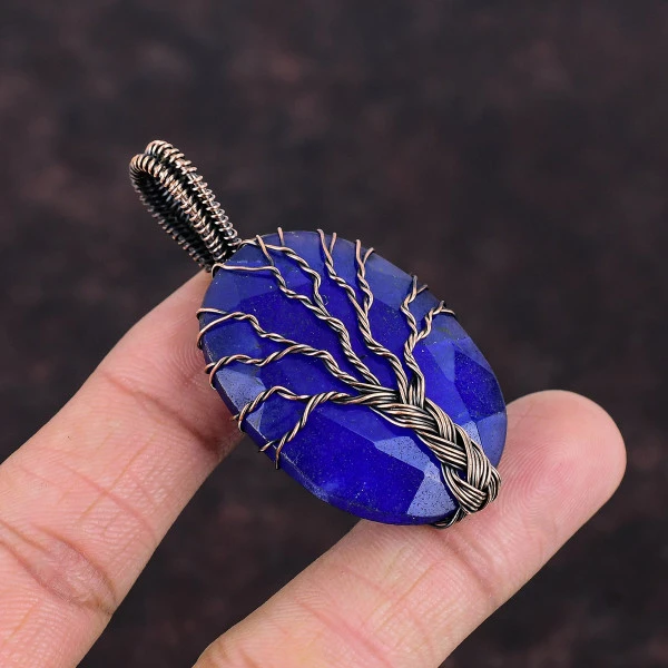 Tree Of Life Faceted Blue Sapphire Pendant Copper Wire Wrapped Gemstone Pendant