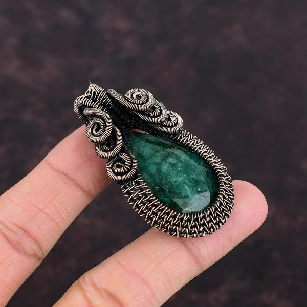 Zambian Emerald Pear Green Handmade Copper Wire Wrapped Pendant