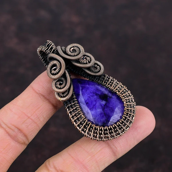 Blue Sapphire Pear Blue Handmade Copper Wire Wrapped Pendant