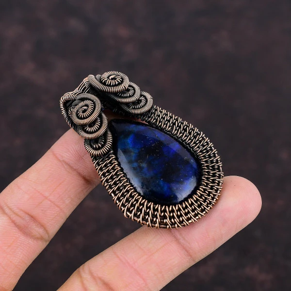 Blue Fire Labradorite Pear Blue Handmade Copper Wire Wrapped Pendant