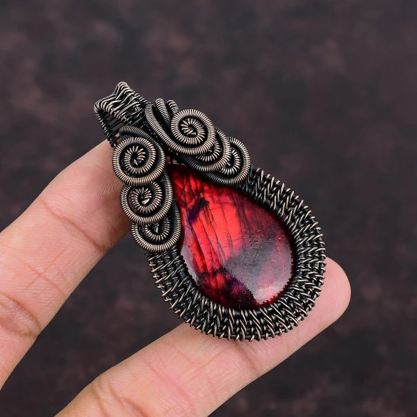 Red Fire Labradorite Pear Red Handmade Copper Wire Wrapped Pendant