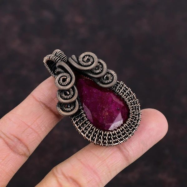 Kashmir Ruby Pear Red Handmade Copper Wire Wrapped Pendant