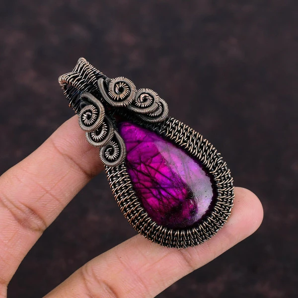 Pink Fire Labradorite Pear Pink Handmade Copper Wire Wrapped Pendant