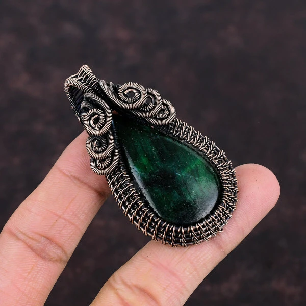 Green Fire Labradorite Pear Green Handmade Copper Wire Wrapped Pendant