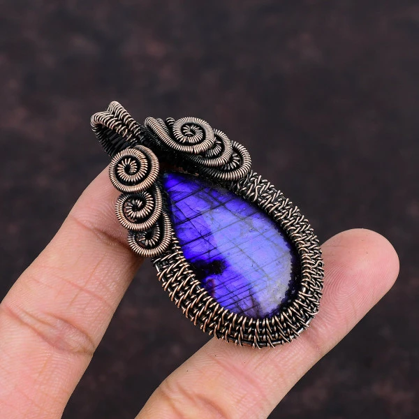 Purple Fire Labradorite Pear Purple Handmade Copper Wire Wrapped Pendant