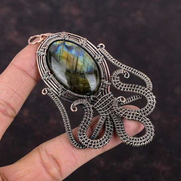 Labradorite Oval Gray Handmade Copper Wire Wrapped Pendant