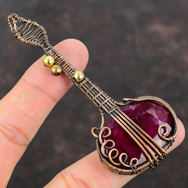 Kashmir Ruby Oval Red Handmade Copper Wire Wrapped Pendant