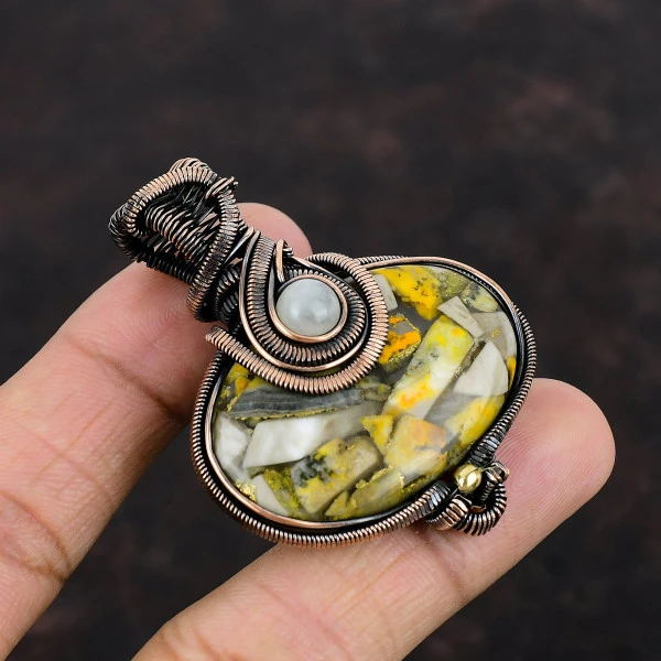 Copper Bumble Bee Jasper Oval Yellow Handmade Copper Wire Wrapped Pendant