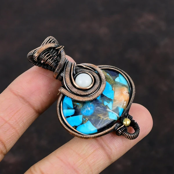 Copper Blue Turquoise Oval Blue Handmade Copper Wire Wrapped Pendant