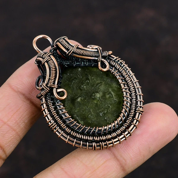 Moldavite Round Green Handmade Copper Wire Wrapped Pendant
