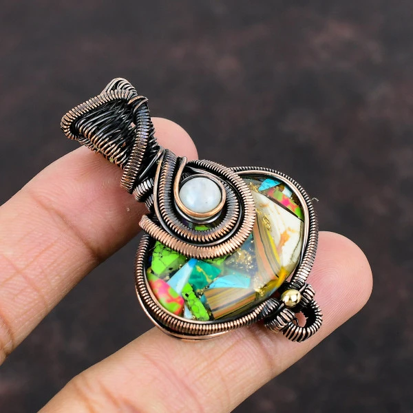 Copper Multi Turquoise Oval Yellow Handmade Copper Wire Wrapped Pendant