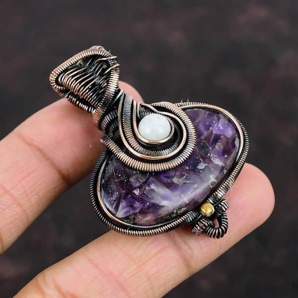 African Amethyst Oval Purple Handmade Copper Wire Wrapped Pendant