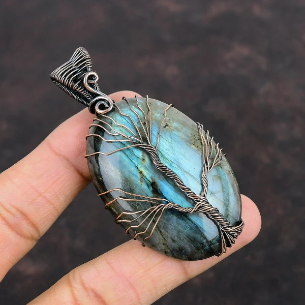 Labradorite Oval Blue Handmade Copper Wire Wrapped Pendant