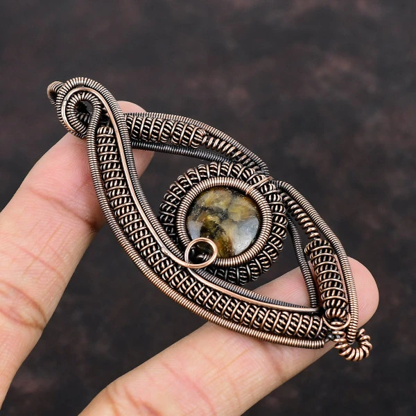 Chiastolite Round Brown Handmade Copper Wire Wrapped Pendant