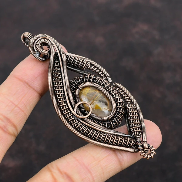 Golden Rutile Oval Gold Handmade Copper Wire Wrapped Pendant