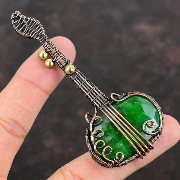 Zambian Emerald Oval Green Handmade Copper Wire Wrapped Pendant