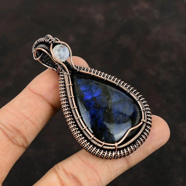 Labradorite Pear Blue Handmade Copper Wire Wrapped Pendant