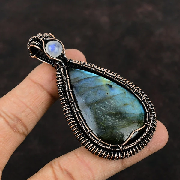 Labradorite Pear Blue Handmade Copper Wire Wrapped Pendant