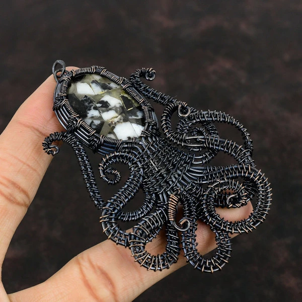 Copper Black And White Turquoise Oval Black Handmade Copper Wire Wrapped Pendant