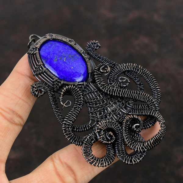 Lapis Lazuli Oval Blue Handmade Copper Wire Wrapped Pendant