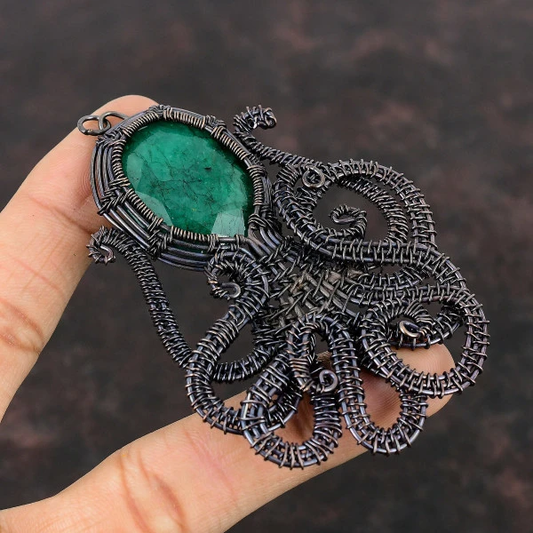 Zambian Emerald Oval Green Handmade Copper Wire Wrapped Pendant