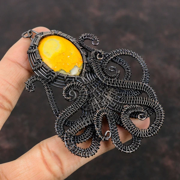 Bumble Bee Jasper Oval Yellow Handmade Copper Wire Wrapped Pendant