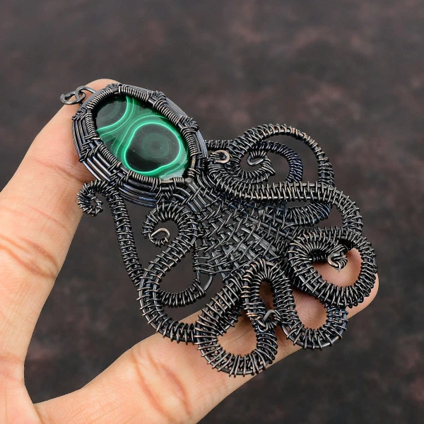 Malachite Oval Green Handmade Copper Wire Wrapped Pendant