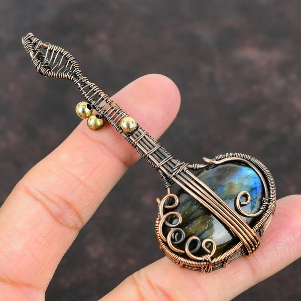 Labradorite Oval Gray Handmade Copper Wire Wrapped Pendant