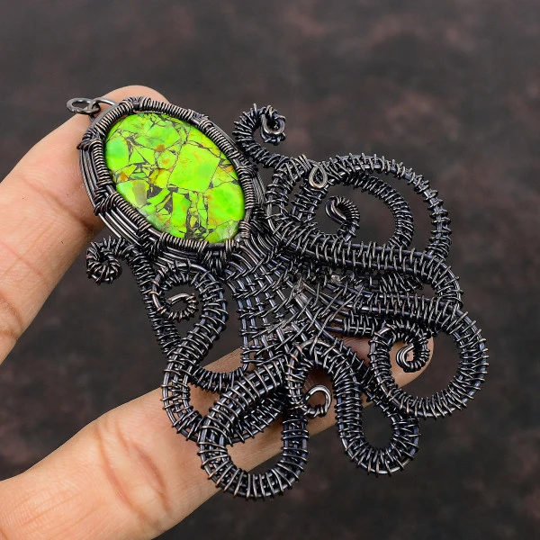 Copper Green Turquoise Oval Green Handmade Copper Wire Wrapped Pendant