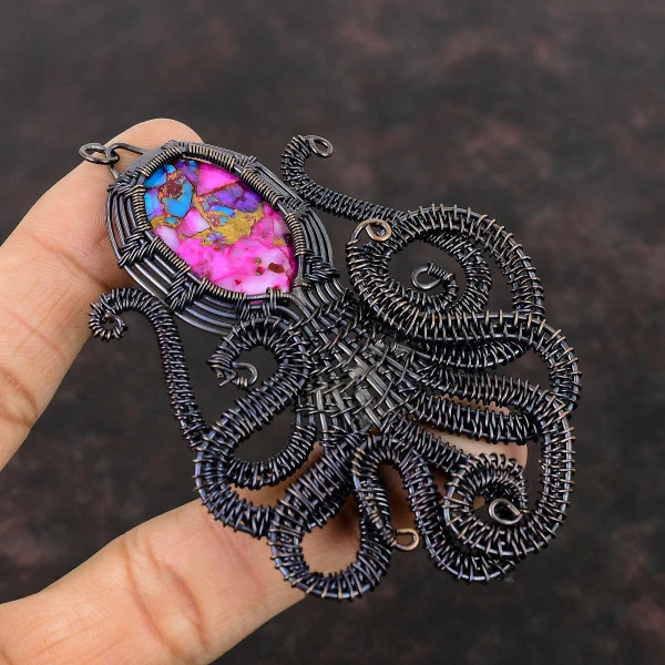 Kingman Pink Dahlia Turquoise Oval Pink Handmade Copper Wire Wrapped Pendant