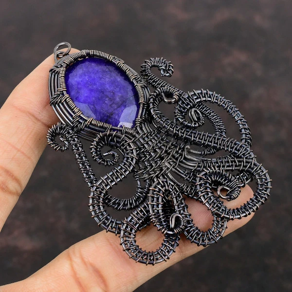 Blue Sapphire Oval Blue Handmade Copper Wire Wrapped Pendant
