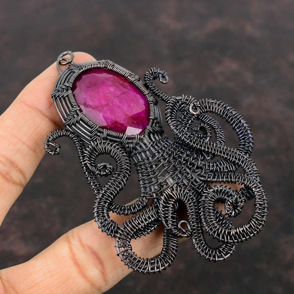 Kashmir Ruby Oval Red Handmade Copper Wire Wrapped Pendant