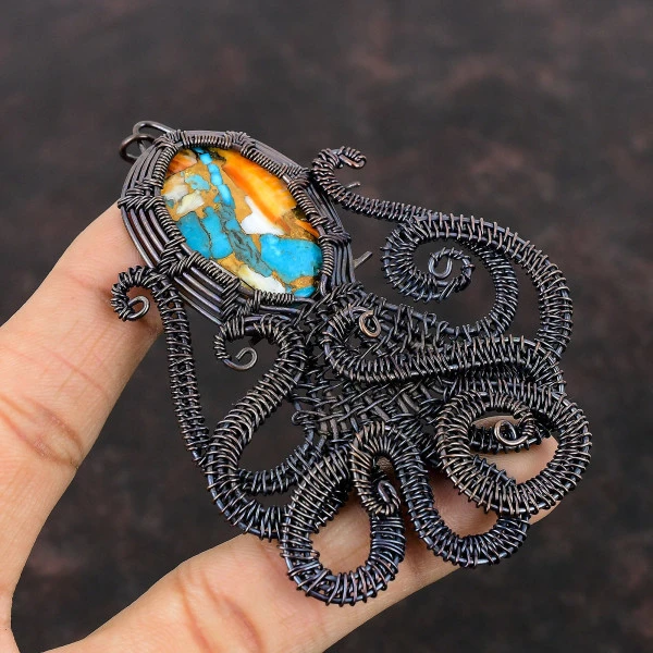 Spiny Oyster Copper Turquoise Oval Orange Handmade Copper Wire Wrapped Pendant