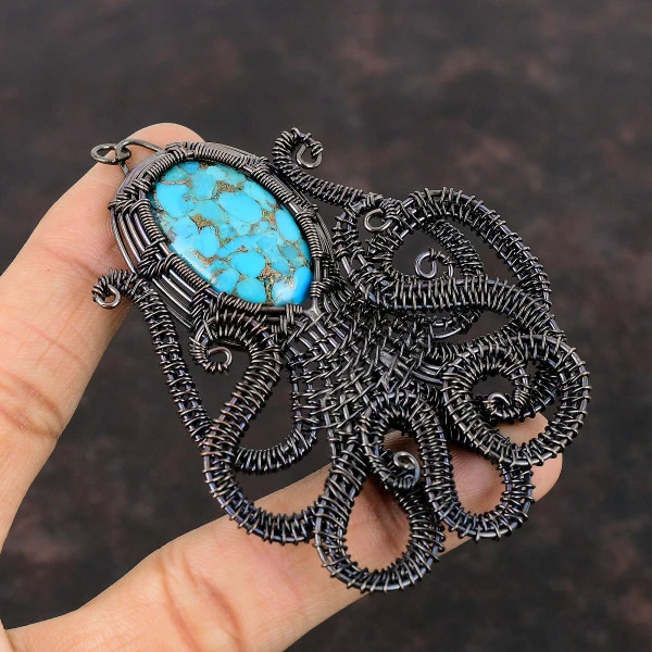 Copper Blue Turquoise Oval Blue Handmade Copper Wire Wrapped Pendant