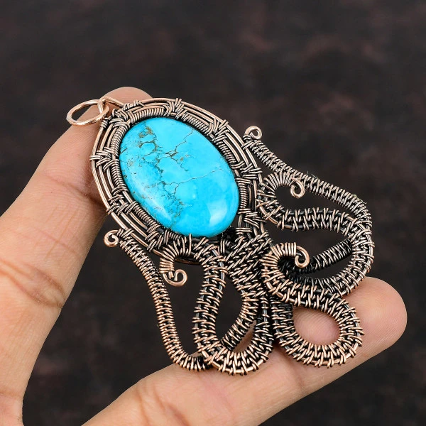 Tibetan Turquoise Oval Blue Handmade Copper Wire Wrapped Pendant