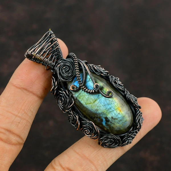 Labradorite Oval Gray Handmade Copper Wire Wrapped Pendant
