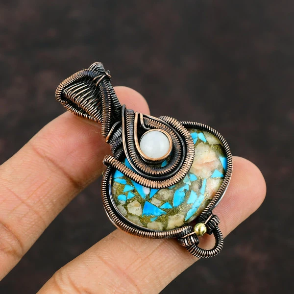 Pink Opal Copper Turquoise Oval Blue Handmade Copper Wire Wrapped Pendant