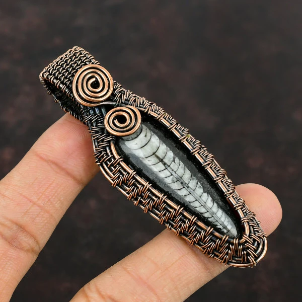Orthoceras Fossil Pear Black Handmade Copper Wire Wrapped Pendant
