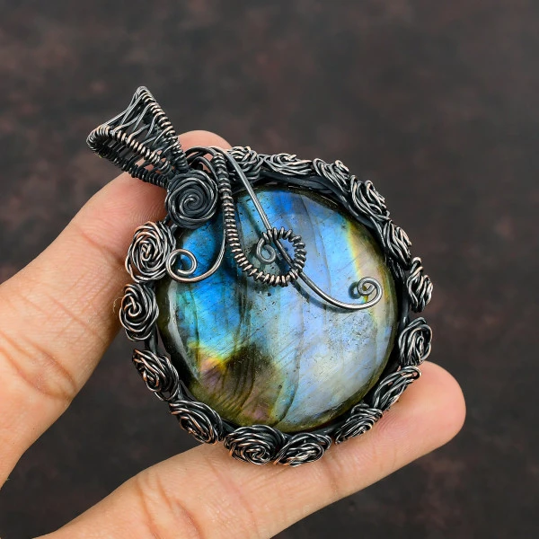 Labradorite Round Blue Handmade Copper Wire Wrapped Pendant