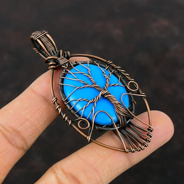 Sleeping Beauty Turquoise Oval Blue Handmade Copper Wire Wrapped Pendant