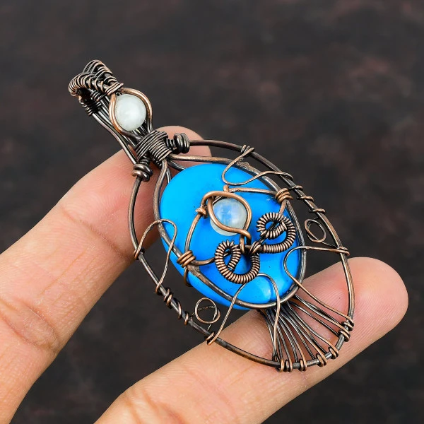Sleeping Beauty Turquoise Oval Blue Handmade Copper Wire Wrapped Pendant